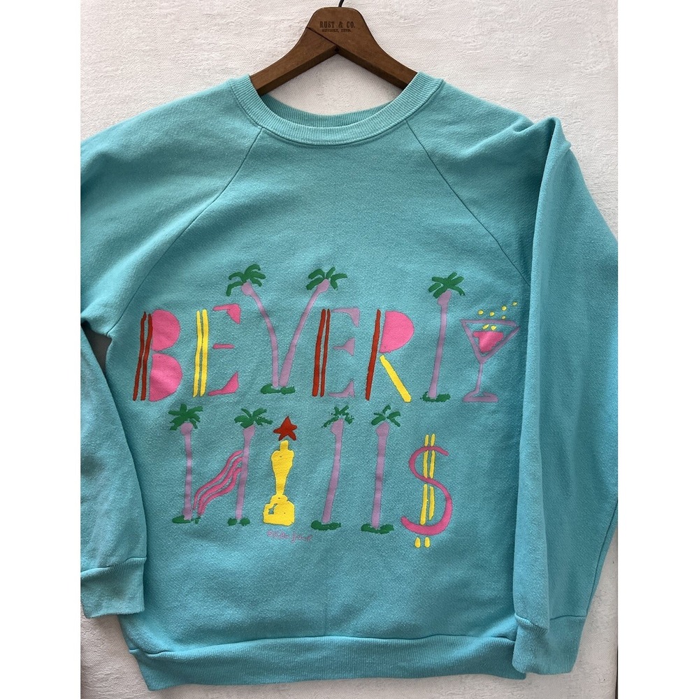 Vintage 1980's KEN DONE Sweatshirt BEVERLY HILLS Art Size Medium Unisex Aqua